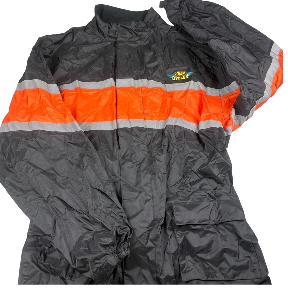J&P Cycles Motorcycle Rain Jacket XXL Black Orange Reflective Packable Mens